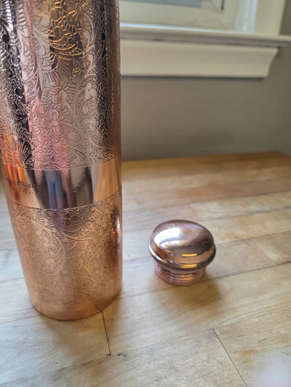 Copper Water Ayurvedic Copper Bottle - Etched Flower Mandala Copper Finish - Picture 6 of 6